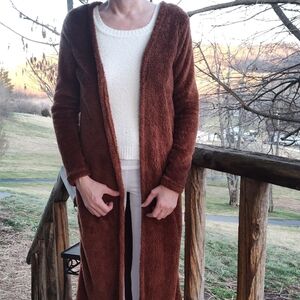 Brown Fluffy Long Cardigan Sweater Open Front